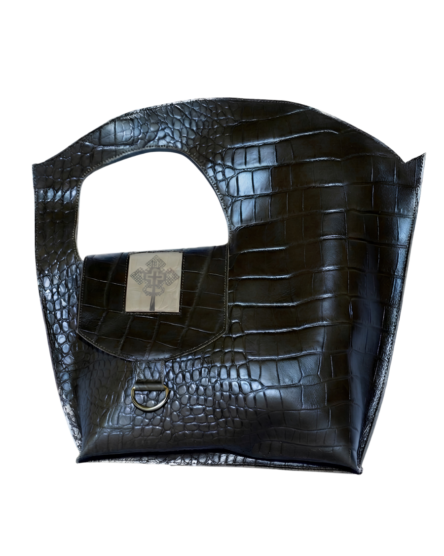 Dark Brown Croc-Embossed Shoulder Bag