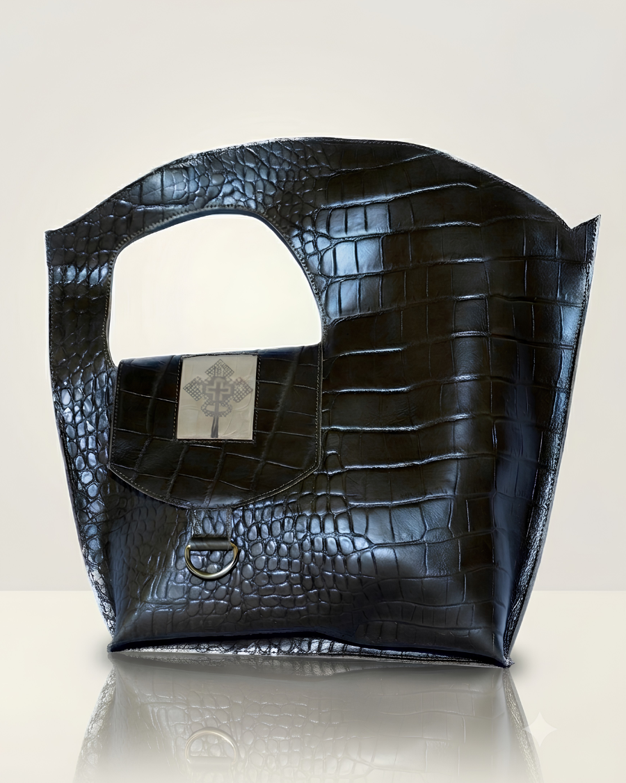 Dark Brown Croc-Embossed Shoulder Bag